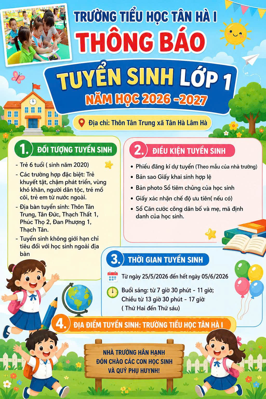 Trường Tiểu học Tân Hà I Thông báo Tuyển sinh lớp 1 năm học 2026-2027