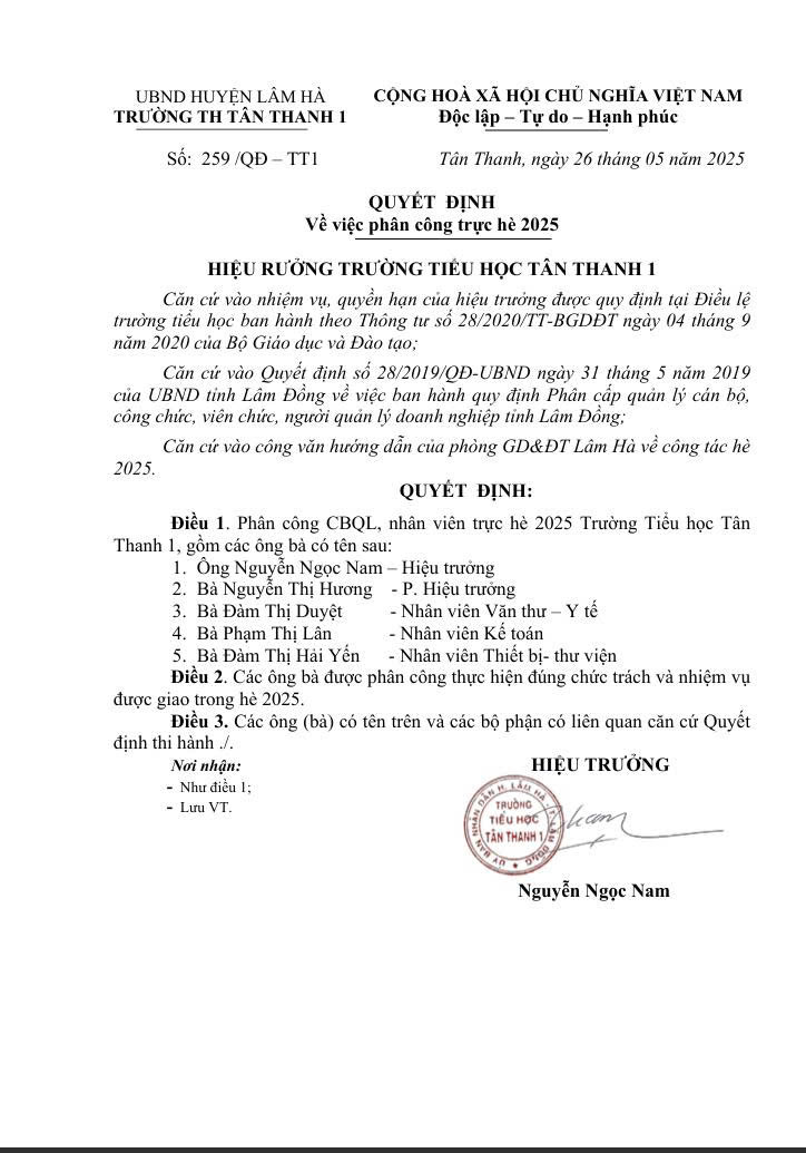 QUYẾT ĐỊNH PHÂN CÔNG TRỰC HÈ 2025